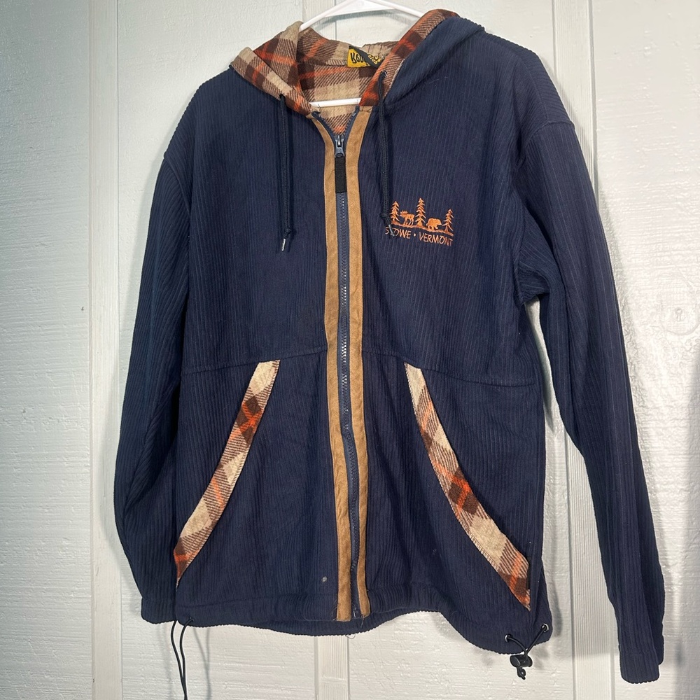 Renegade Club Blue and Brown Zip Hooded Jacket Size Small EUC